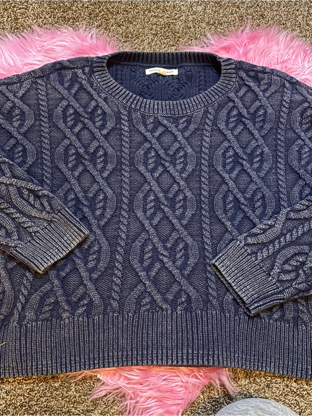 Lucky Brand Women’s XL Navy Blue Cable Knit Crewneck Sweater Cotton Blend